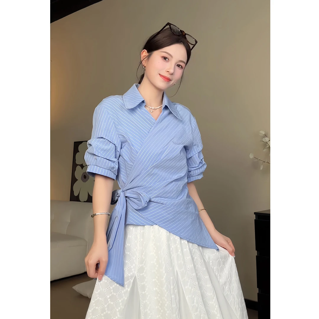 YAMM~韩系侧边系带收腰交叉V领长袖衬衫春季新款条纹不规则衬衣