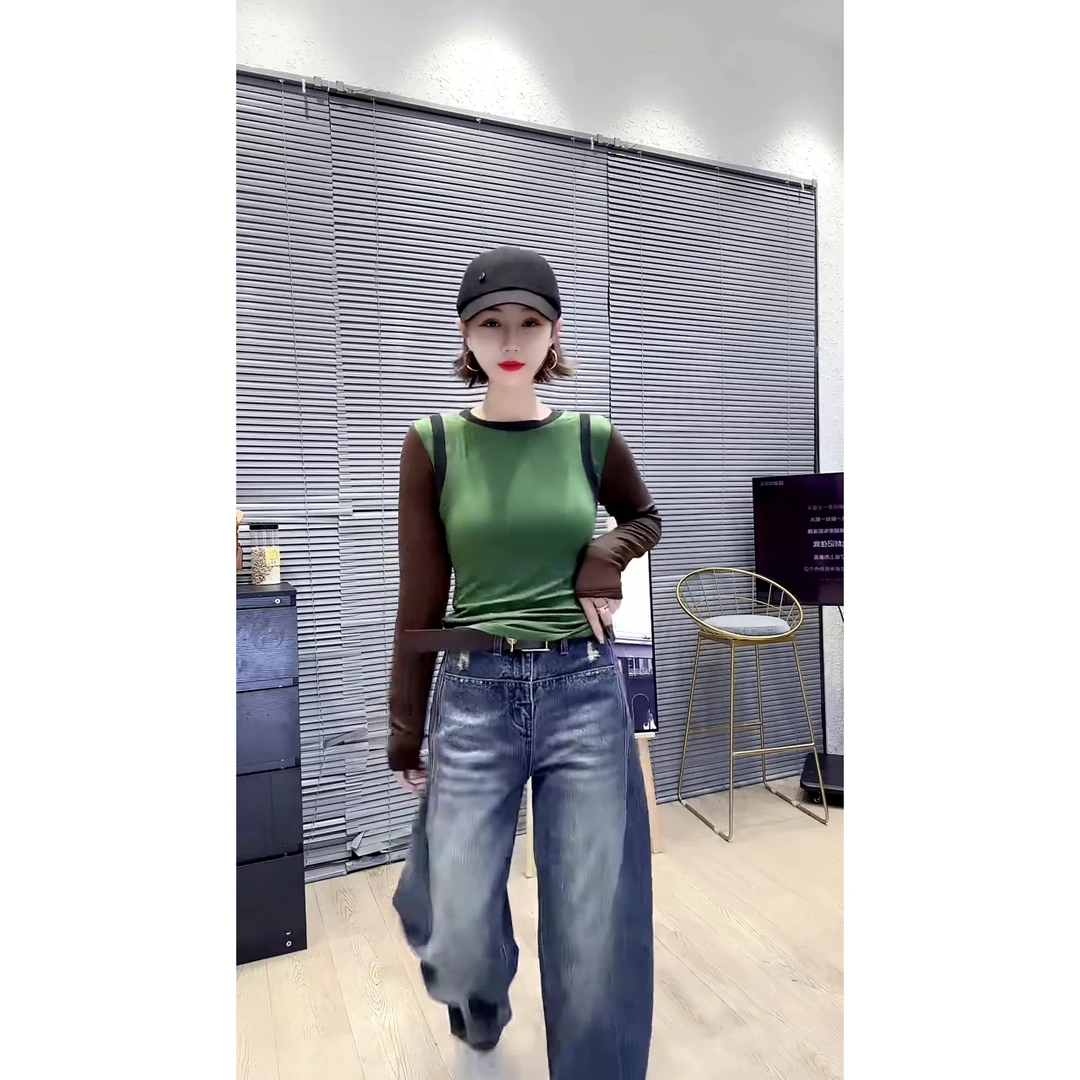 秋季新款时尚修身显瘦撞色假两件圆领长袖打底衫