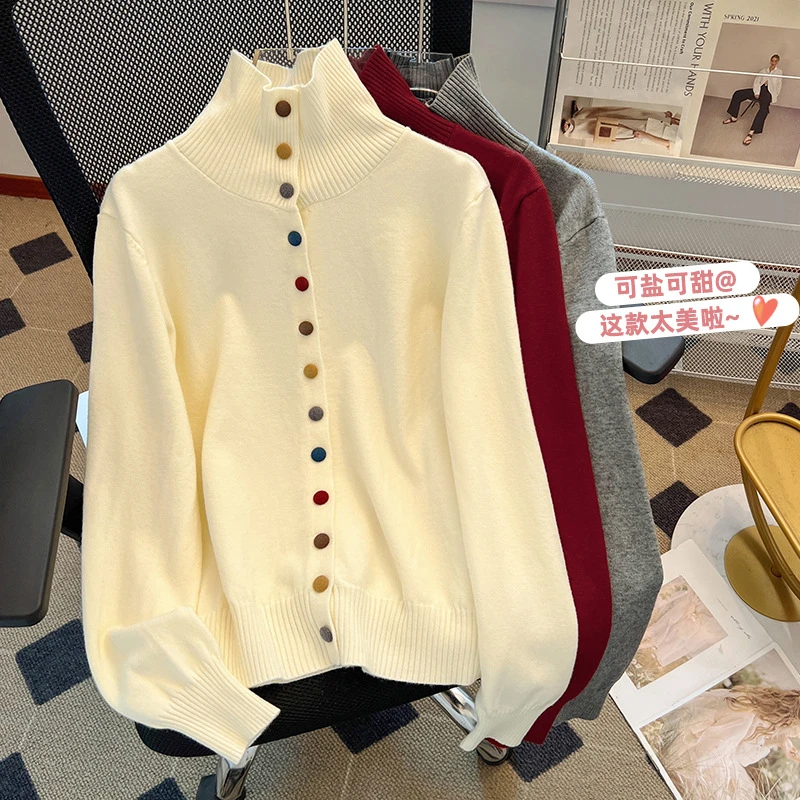 高领彩扣针织衫女秋冬时尚高端设计毛衣开衫时尚宽松百搭外套