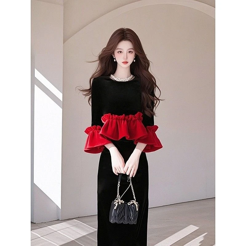 【24小时发货】2025新年穿搭高级感超好看独特漂亮小香风黑色丝绒上