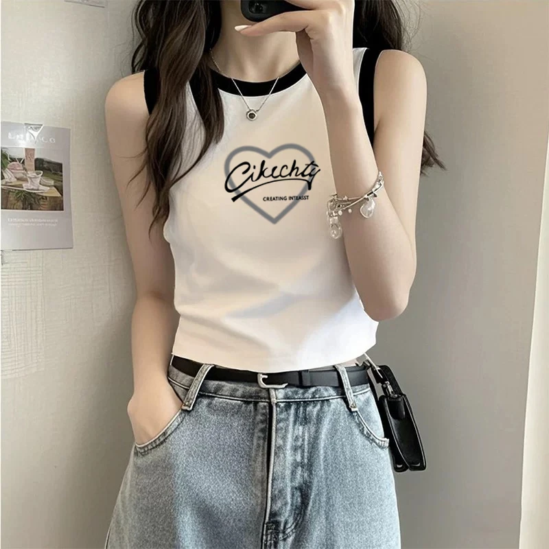 清仓捡漏~美式修身无袖短款背心女休闲运动风夏季设计感撞色上衣