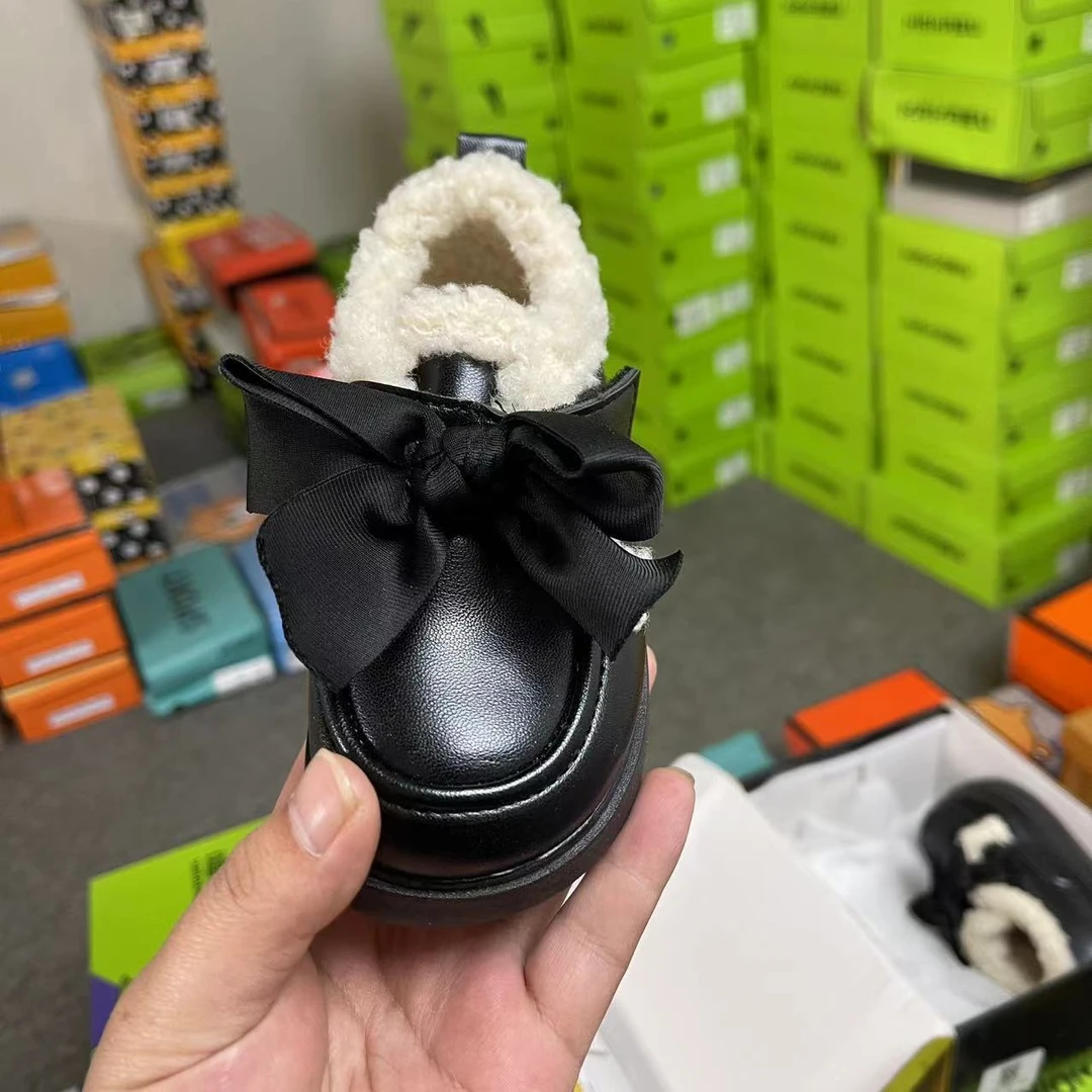 016儿童蝴蝶结加绒乐福鞋女童时尚黑色