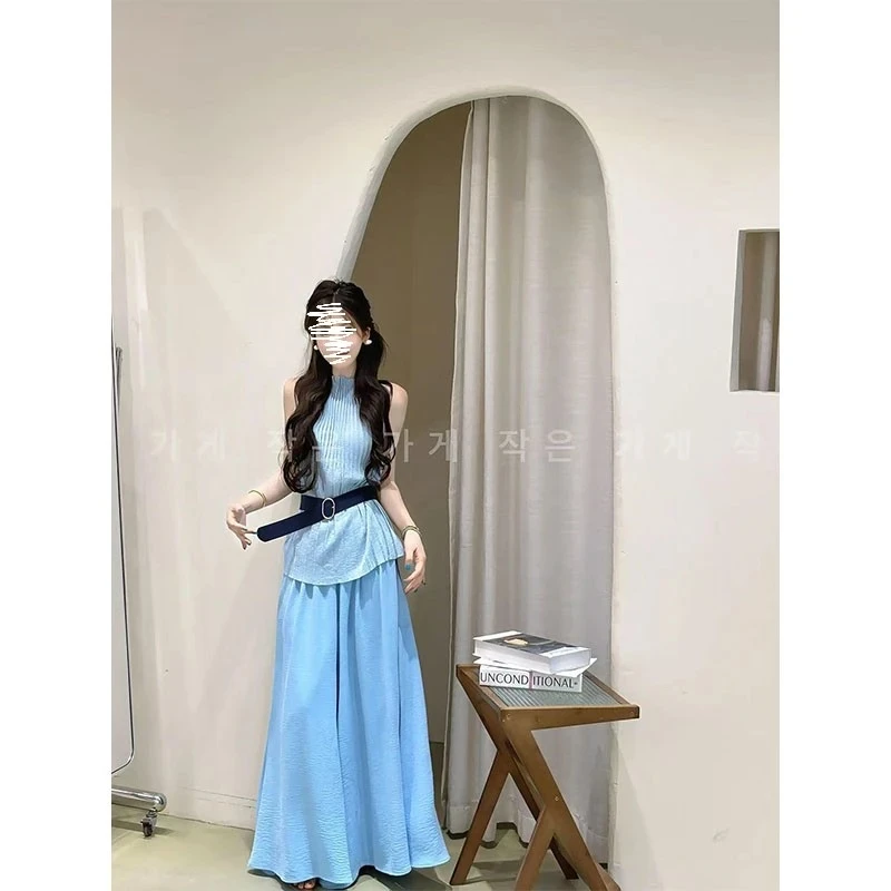 2025春夏季新款修身显瘦设计感无袖上衣气质时尚高腰休闲裤配腰带