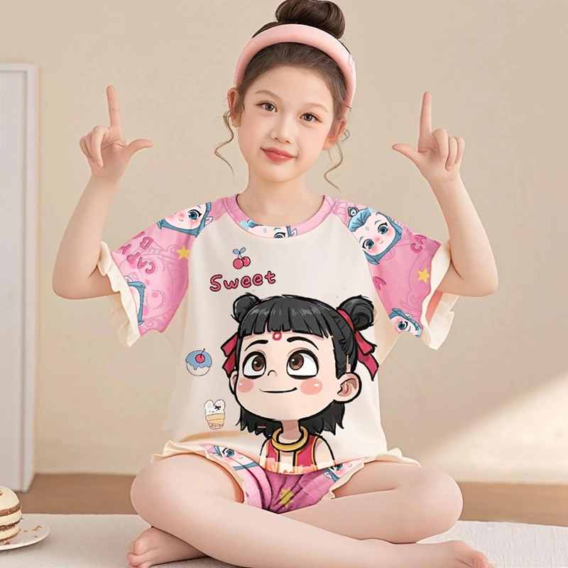 女童睡衣薄款夏季短袖纯棉儿童亲子中大童小女孩哪吒2025新款夏天