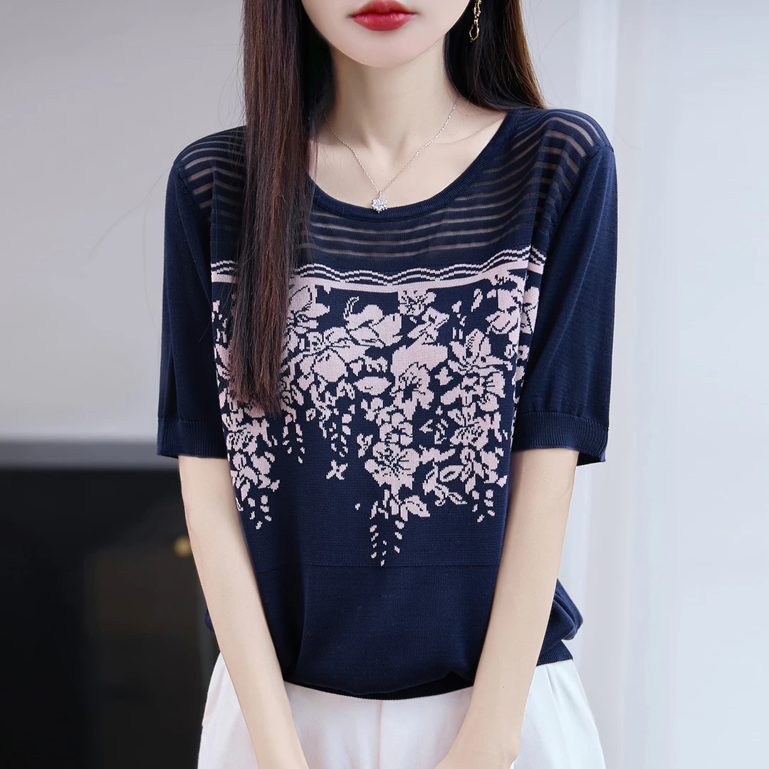 大码女装夏装微胖mm冰丝针织衫女士短袖t恤遮肚子巨显瘦蕾丝上衣