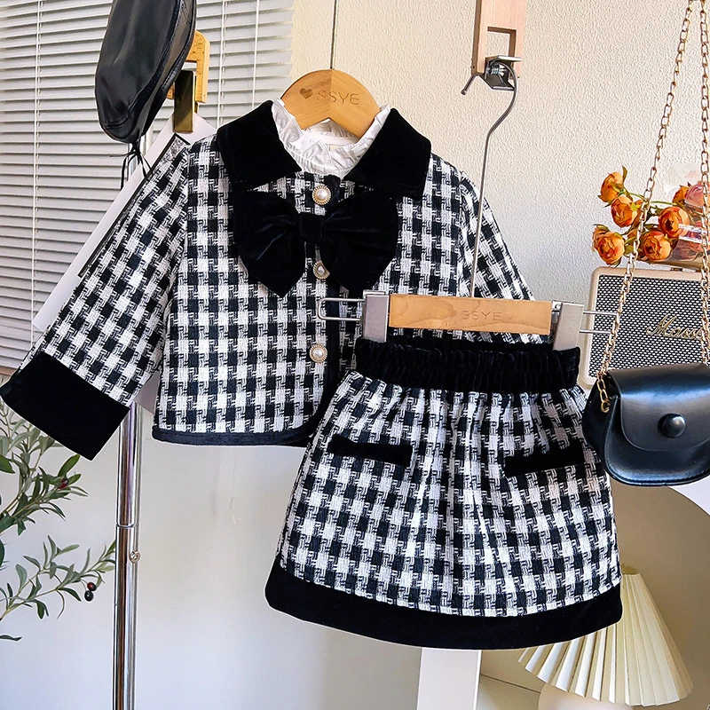 女童小香风套装春季新款洋气时尚百褶外套裙子两件套ACA078