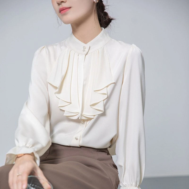 法式气质飘带领长袖雪纺衫女2024秋季新款别致独特减龄荷叶边衬