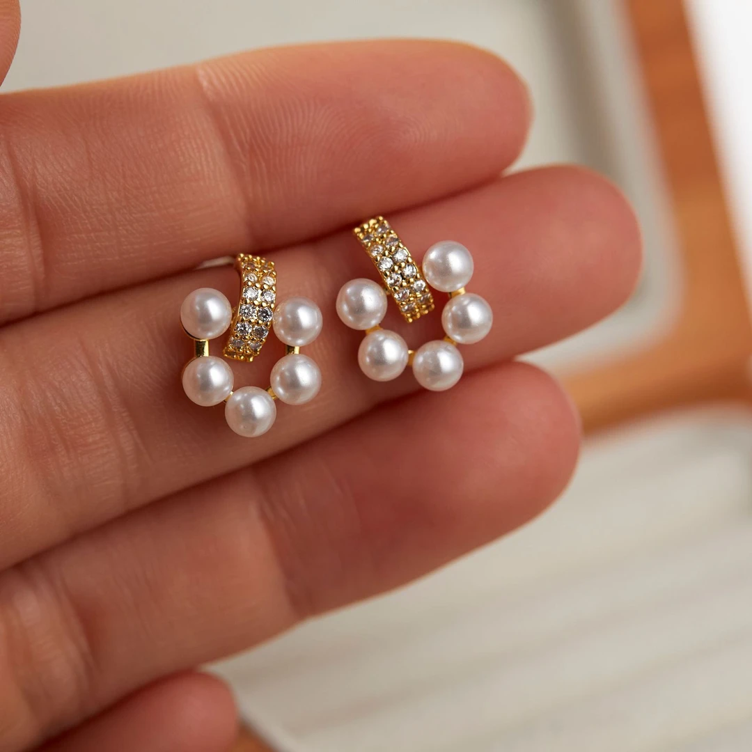 铜合金耳饰 【无耳洞耳夹】温柔小香风珍珠锆石耳钉女轻奢高级感气