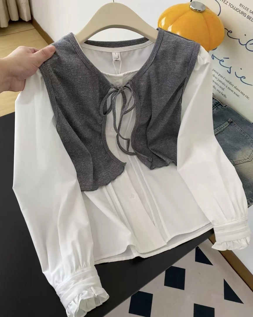 2025秋季好看时尚韩系学院风百搭女气质显瘦减龄灰色假两件衬衫