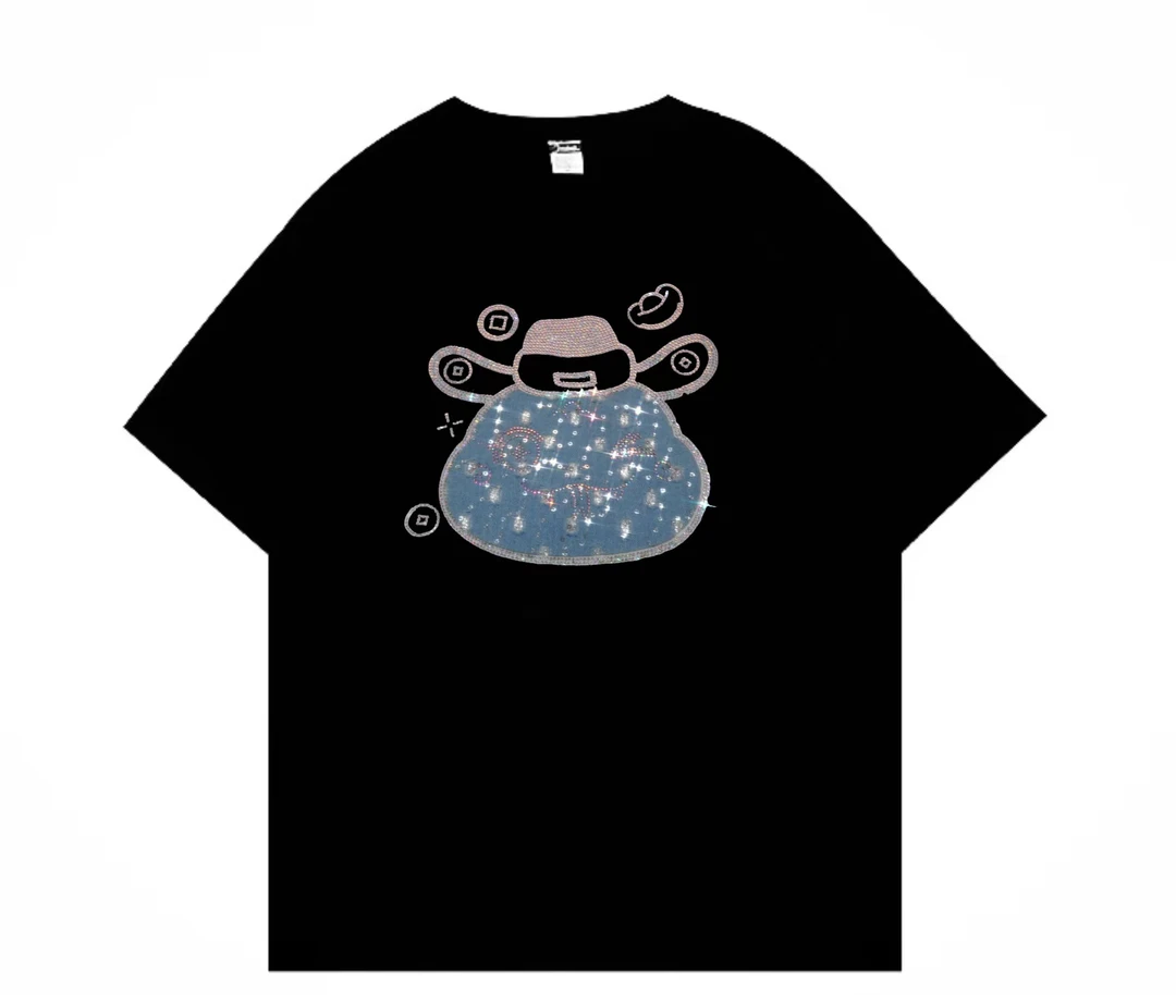 【25号链接-财神蛇2】260克 纯棉重磅半袖彩钻T恤时尚潮流百搭休闲