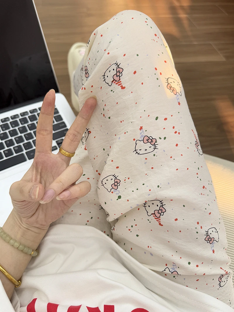 睡裤女夏季白色小狗长裤薄款家居裤云朵休闲宽松慵懒高腰直筒宽松