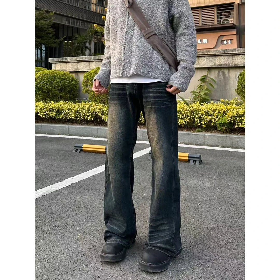 怪兽实验室美式休闲复古猫须蓝牛微喇做旧设计直筒宽松显瘦牛仔裤