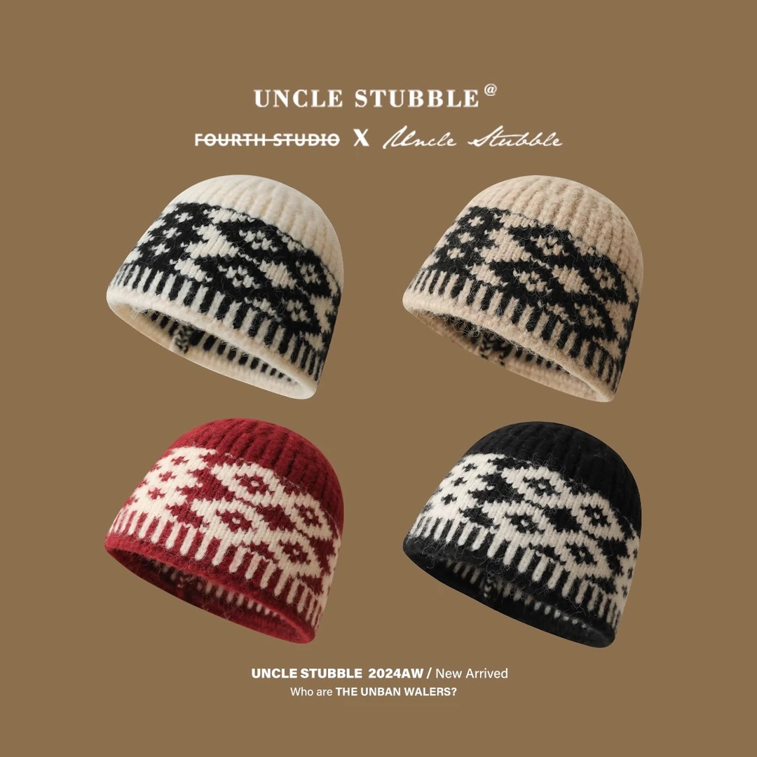 复古菱形提花针织渔夫帽韩国小众设计款毛线帽防寒护耳套头帽冬季