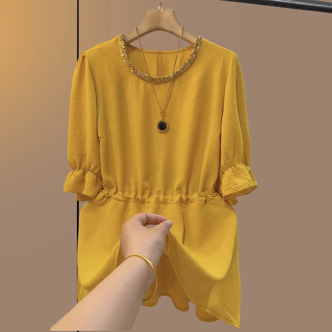 大码女装胖妹妹遮肉显瘦宽松圆领镶钻收腰短袖半袖小衫休闲百搭