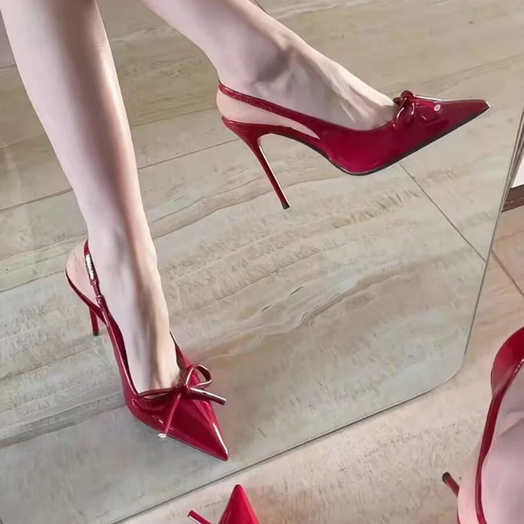 2025新款名媛气质后空蝴蝶结尖头包头凉鞋女单鞋不累脚细跟高跟鞋