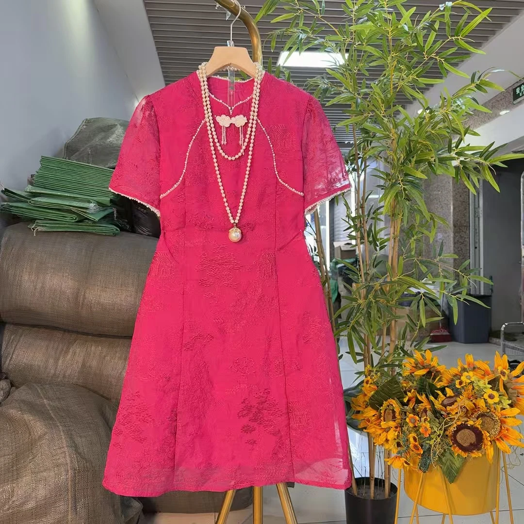 新中式国风钉珠刺绣连衣裙改良民族风大码遮肉显瘦夏季上新1900