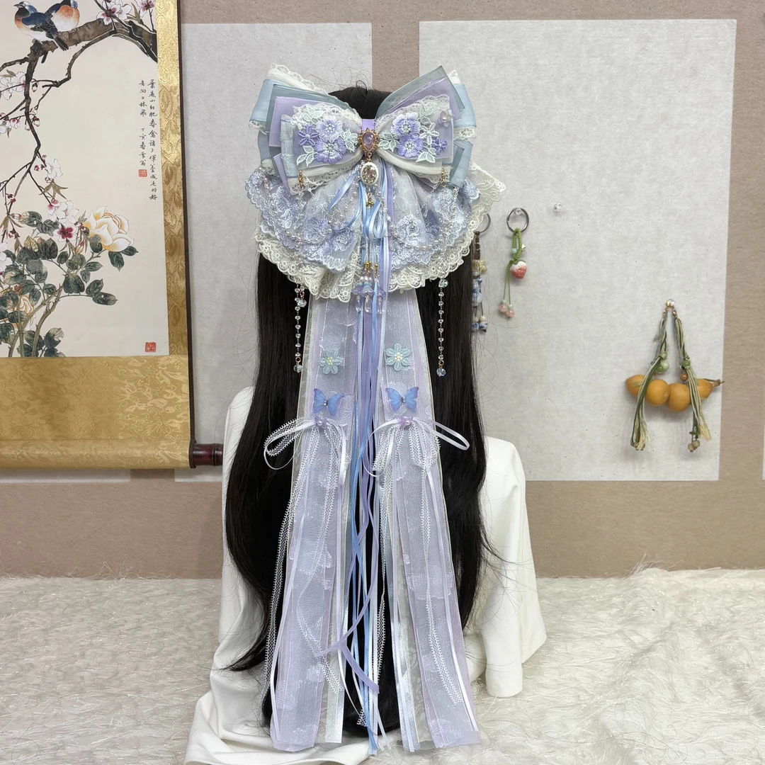 【蓝花楹】新国风多层次长飘带蝴蝶结弹簧夹古风汉服洛丽塔头饰发夹