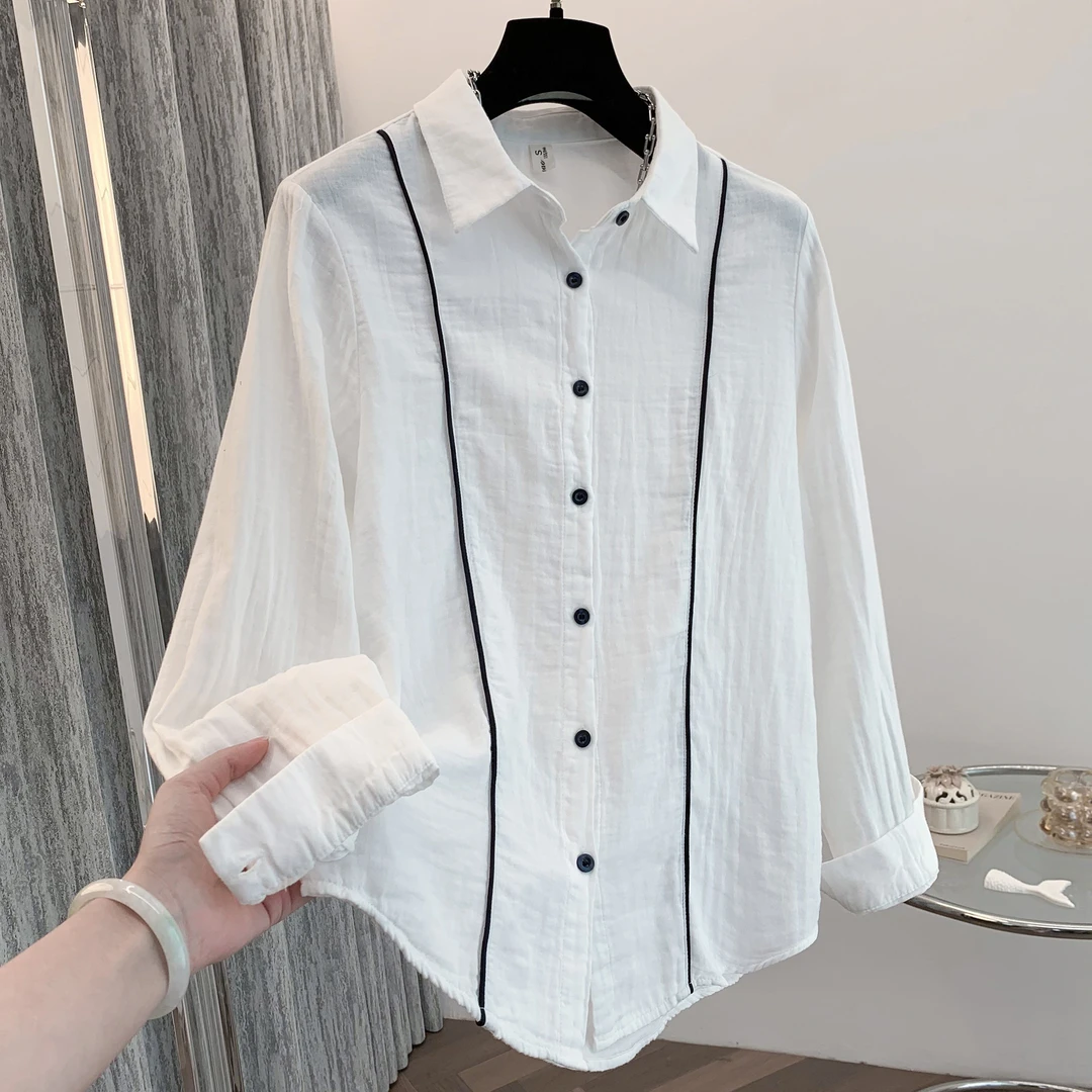 【全额运费补贴】 白色线型拼条双层纱时尚休闲纯棉衬衫女简约潮流