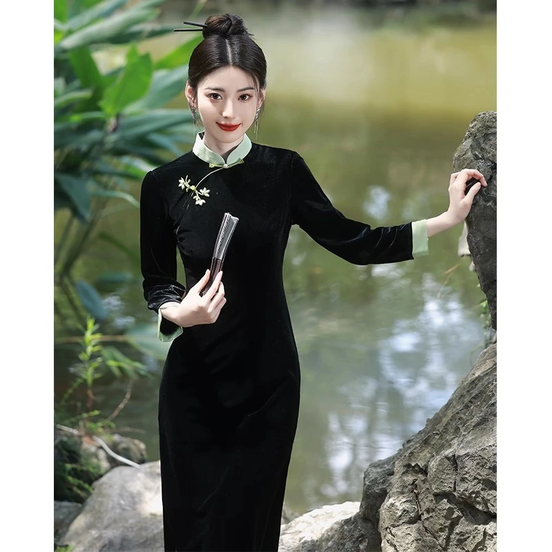 黑色丝绒旗袍新中式秋季长袖中国风改良女装连衣裙气质高端连衣裙
