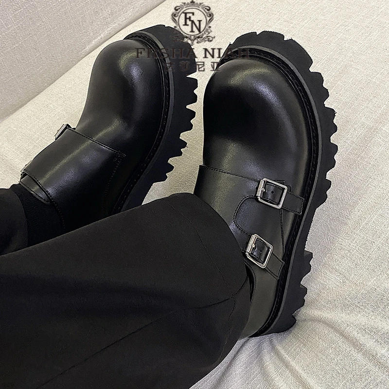 法莎尼亚2025秋冬季新款男鞋大头休闲厚底一脚蹬真皮潮流皮鞋德比