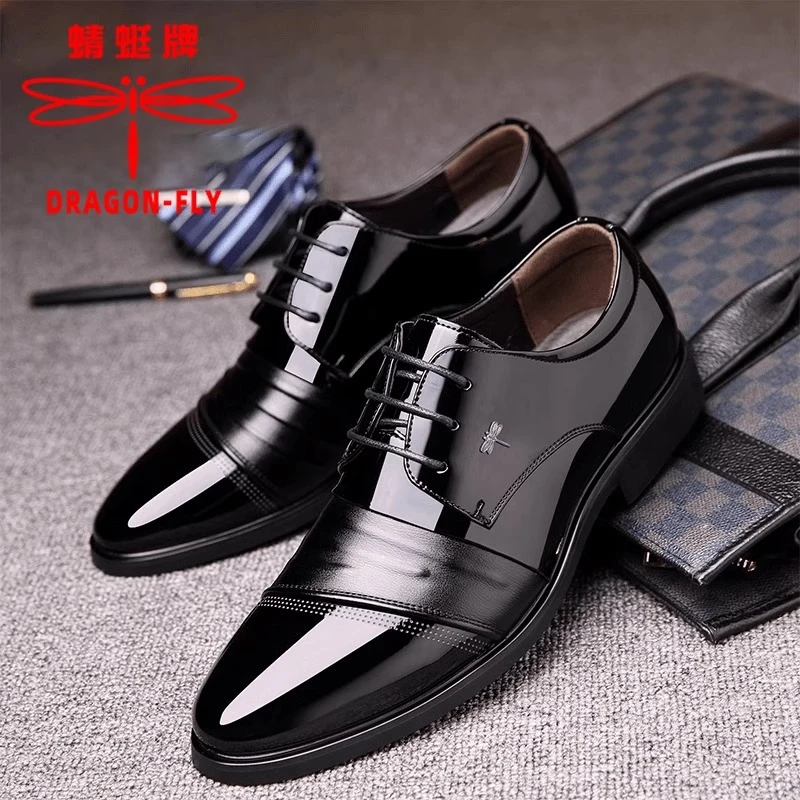 蜻蜓牌皮鞋男秋季新款商务正装男士内增高真皮棕色高档新郎结婚鞋