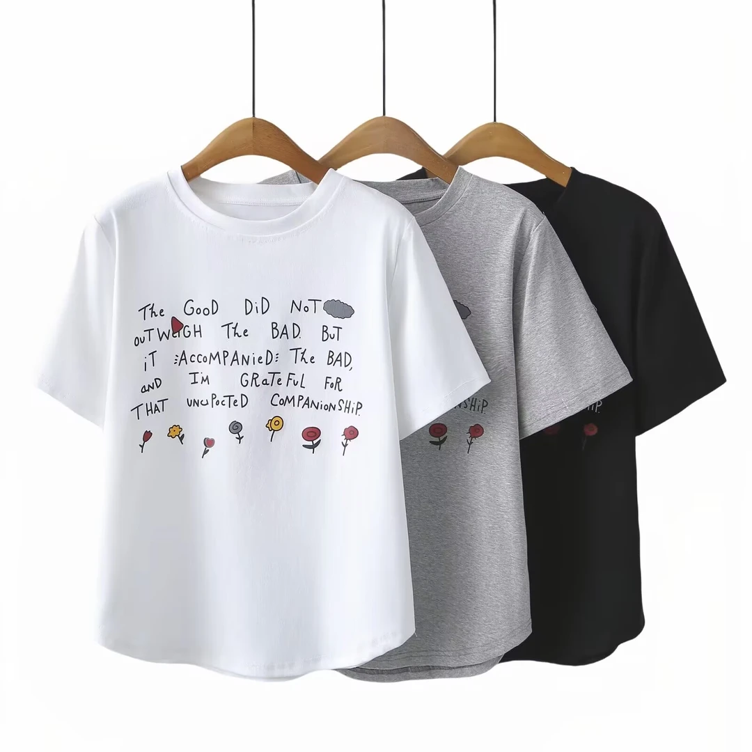 2025夏季新款大码胖mm洋气百搭减龄宽松显瘦遮肉印花圆领短袖T恤