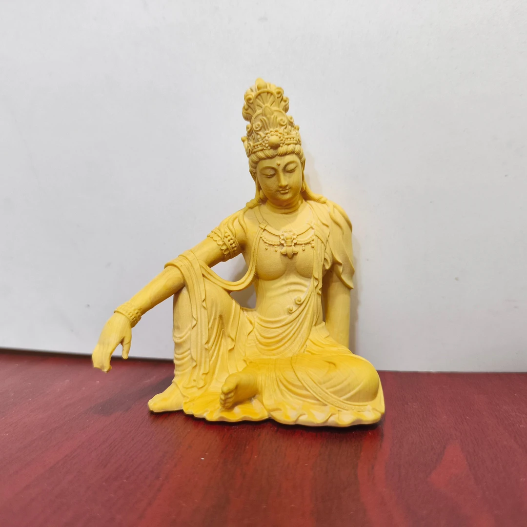 崖柏黄杨木自在观音实木雕刻摆件工艺品菩萨佛像古典室内装饰品