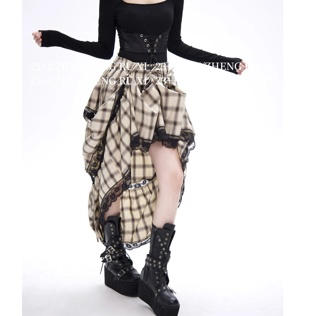 付新博女装拼接蕾丝半身裙女小众复古格纹两穿设计感A字裙子13758