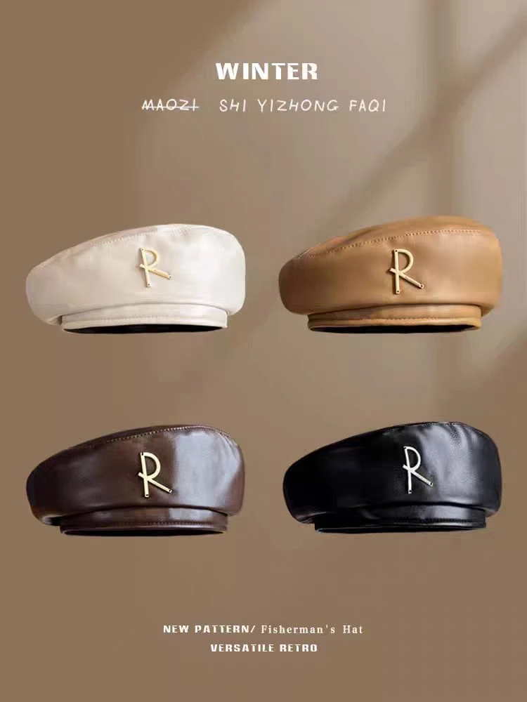 英伦复古时尚pu女R字母洋气平顶画家贝雷帽秋冬大头围时髦百搭