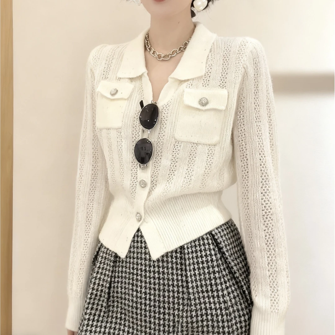 翻领女纯色百搭秋季千鸟格V领毛针织衫长袖针织名媛半身裙