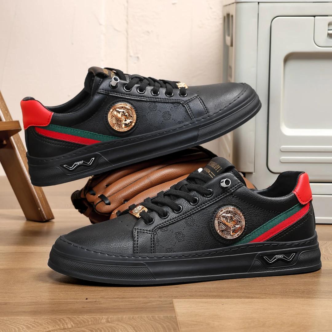 DUSHALOYI 真皮时尚轻奢百搭休闲板鞋耐磨透气春季板鞋（9666）黑色