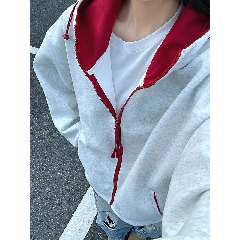 330G重磅白灰色连帽卫衣男秋季潮牌撞色美式开衫外套初秋新款上衣