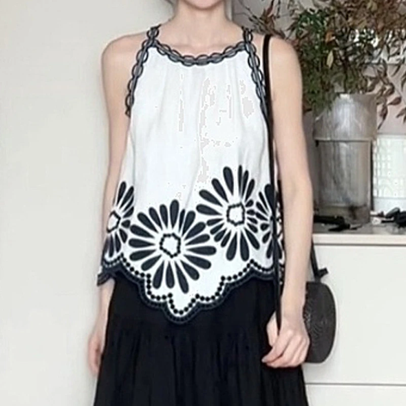 时尚优雅绝美白色刺绣圆领无袖吊带背心女夏季新款高级感显瘦上衣