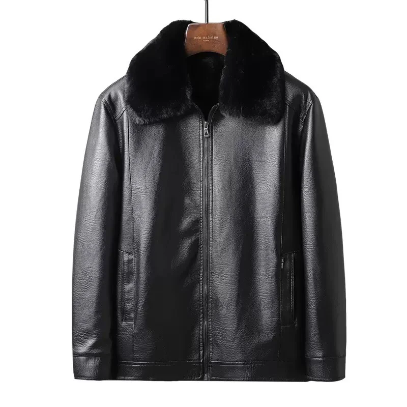 中老年爸爸装加绒加厚皮衣冬季保暖翻领毛领可拆卸休闲外套