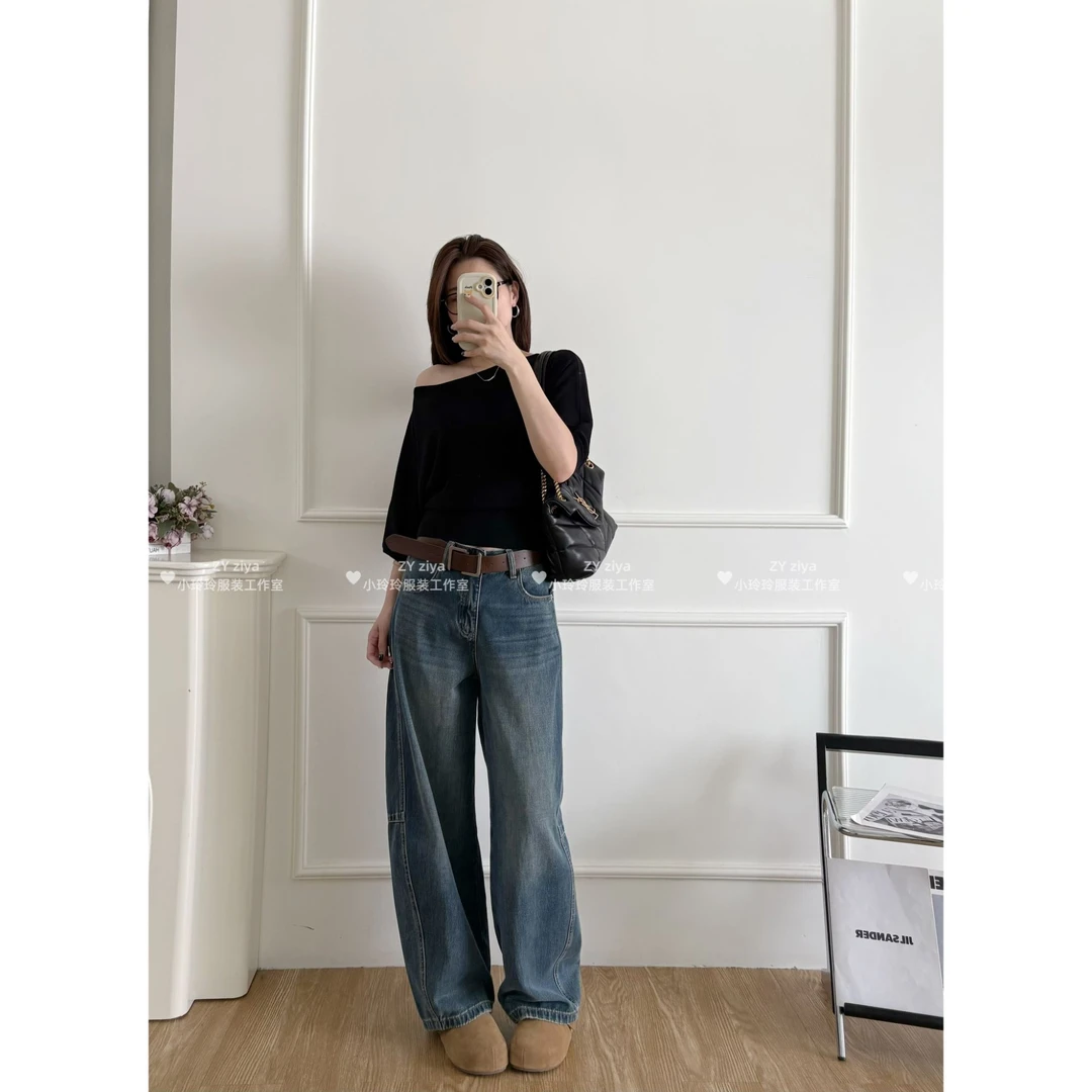 设计水洗牛仔弯刀阔腿裤38052