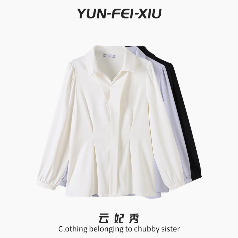 云妃秀大码女装衬衫时尚休闲宽松显瘦减龄纯色简约Polo领春季9651