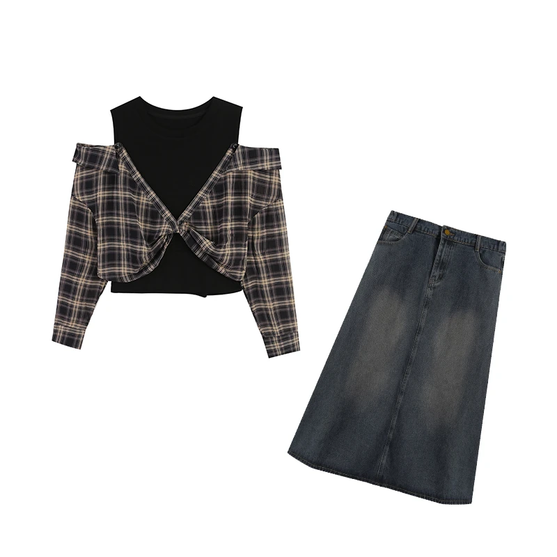 【大码显瘦】新款假两件遮肉格纹拼接衬衫上衣牛仔半身裙ZL103874