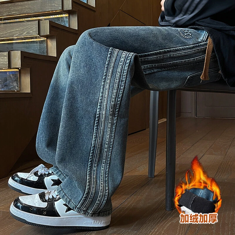 冬季青少年加绒加厚牛仔裤显瘦冬季宽松直筒大童青少年时尚休闲男