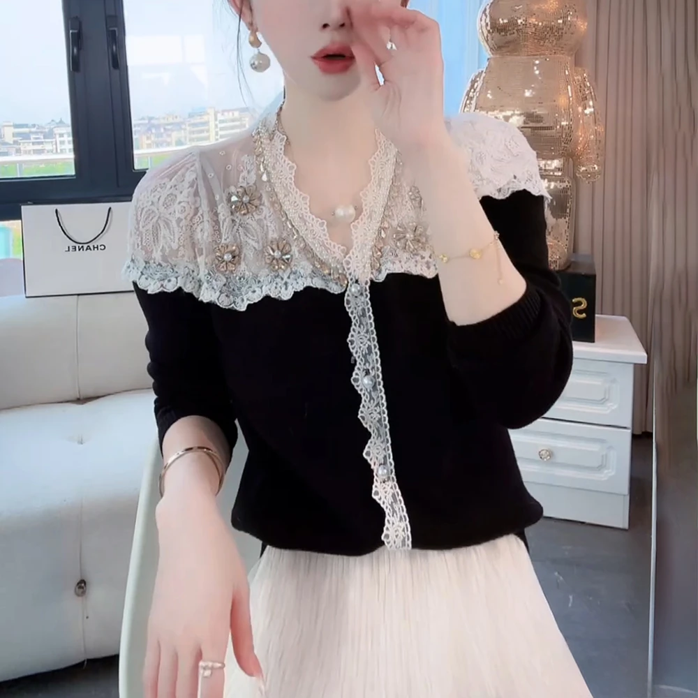 镂空v领蕾丝针织衫女士2025秋季修身显瘦重工烫钻内搭打底衫上衣