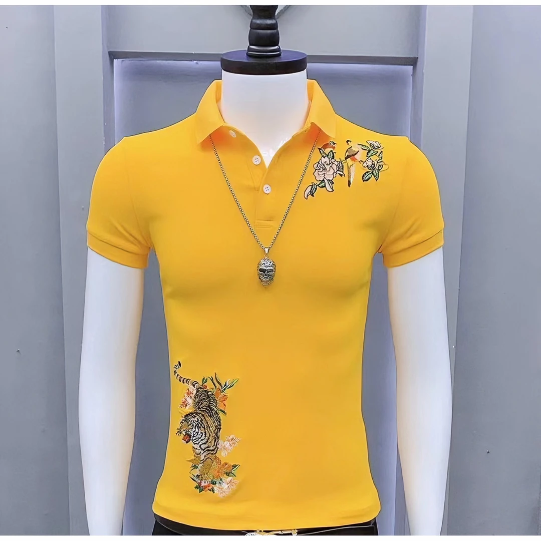 新款男士时尚潮流百搭洋气POLO衫老虎图案修身个性韩版律动莫兰迪