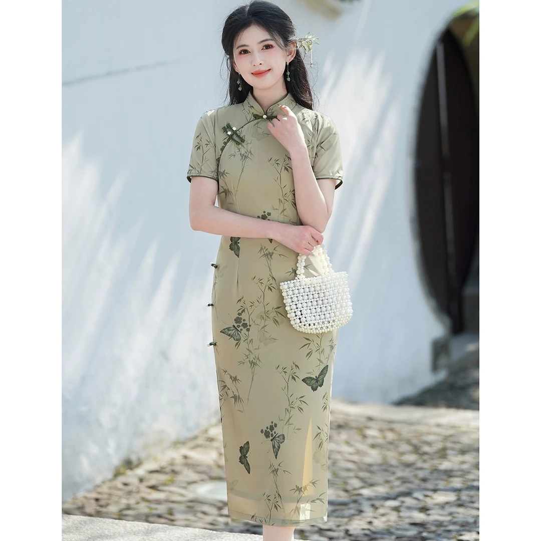 【竹烟蝶影】上上喜双层复古时尚少女优雅日常长旗袍