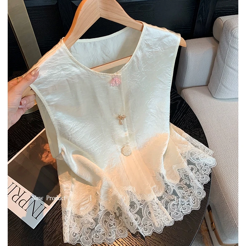 新中式蕾丝花边醋酸缎面马甲女夏新款高级感时尚气质国风无袖上衣