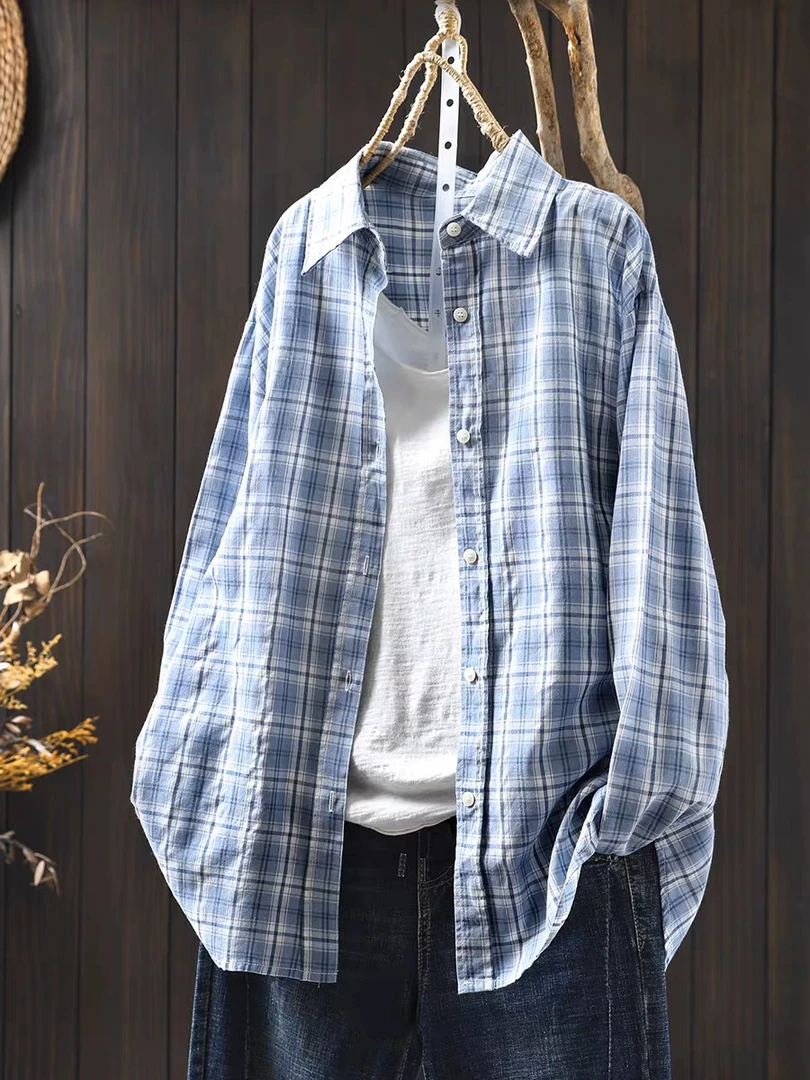 纯棉蓝色格子衬衫女士长袖2025春季新款港风穿搭薄款衬衣上衣外套