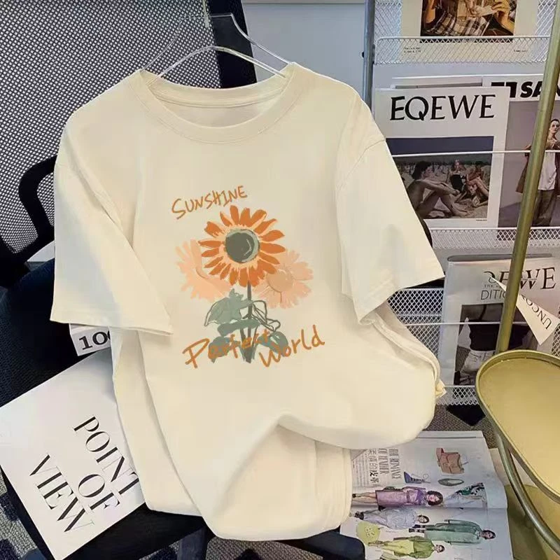 珊{001-099}夏季新款女款纯棉时尚休闲宽松百搭中长款T恤韩版圆领