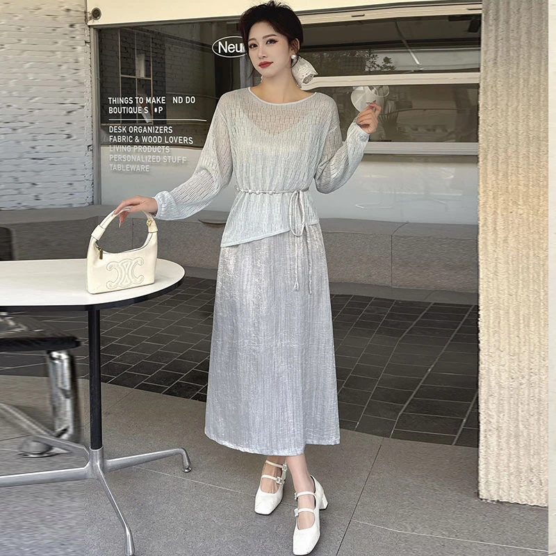 两件套女2025春夏新款韩版纯欲系带针织衫+连衣裙显瘦吊带裙子