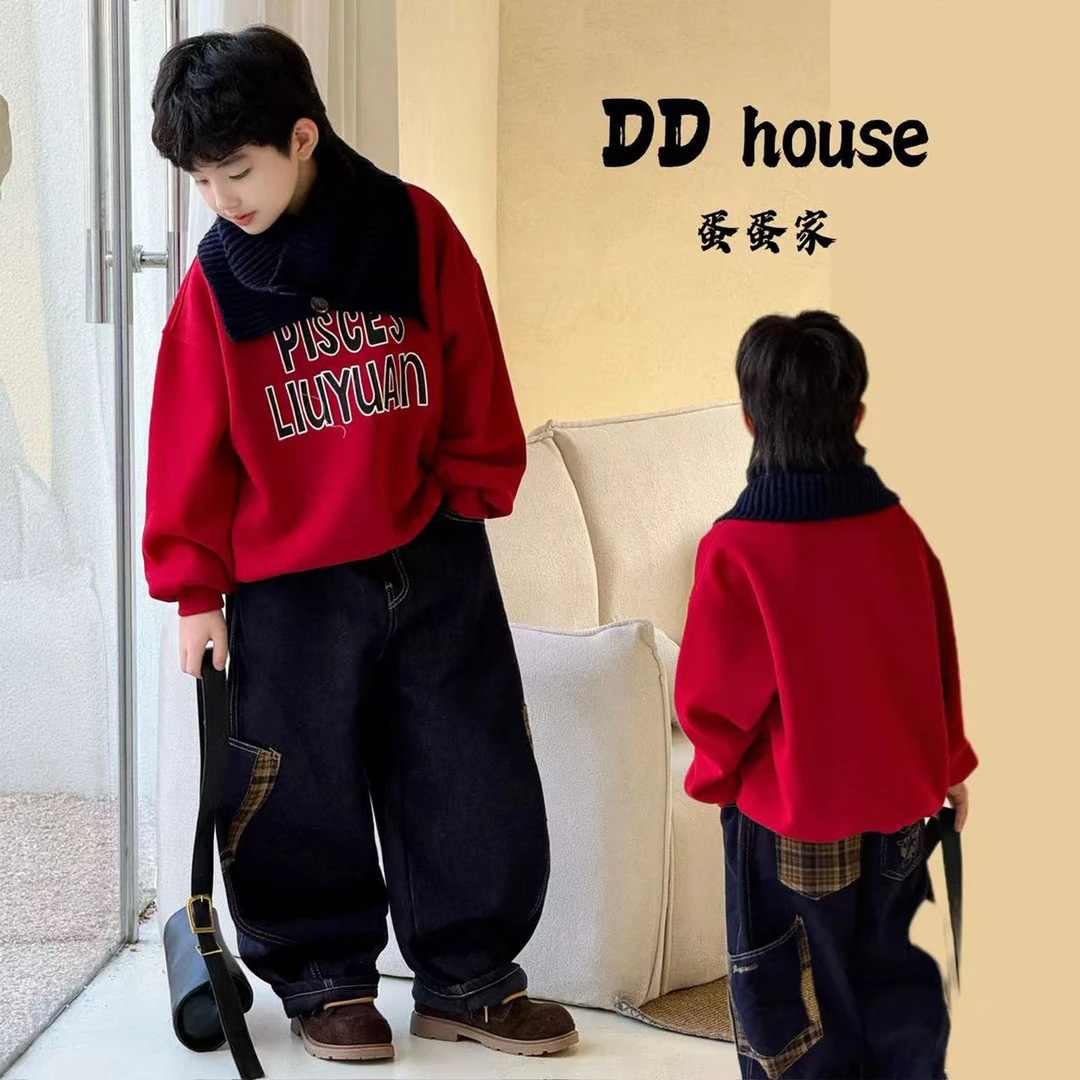 蛋蛋家【热情似火】25317冬季新款红色字母围脖加绒卫衣