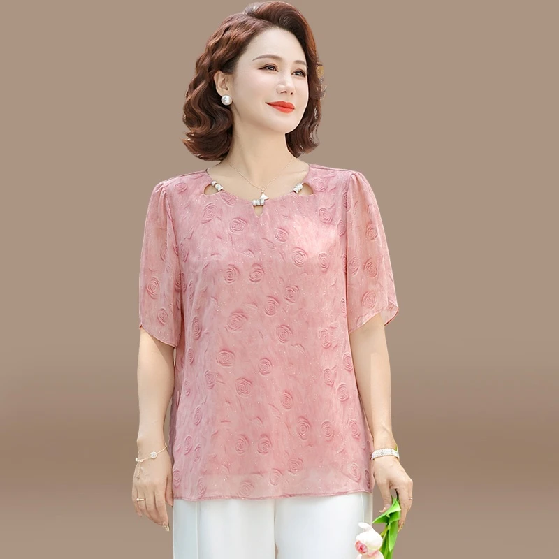 洋气妈妈夏装雪纺小衫端庄大气套装中老年夏季短袖T恤大码上衣女