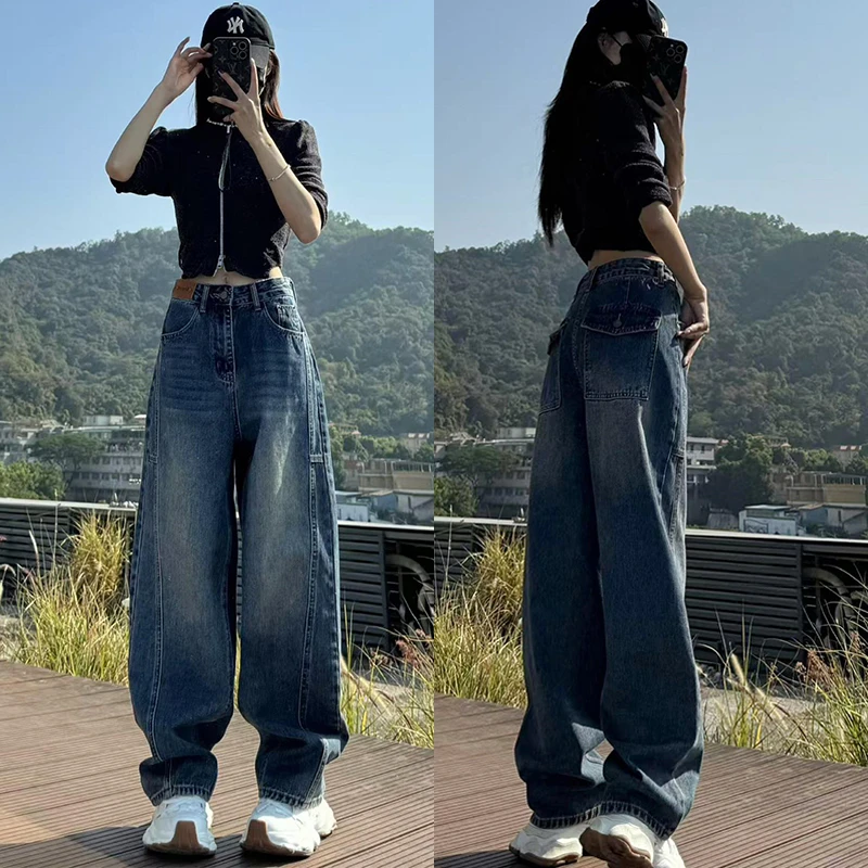 弯刀牛仔裤女秋冬新款加绒裤子大码胖mm高腰宽松显瘦慵懒风阔腿裤