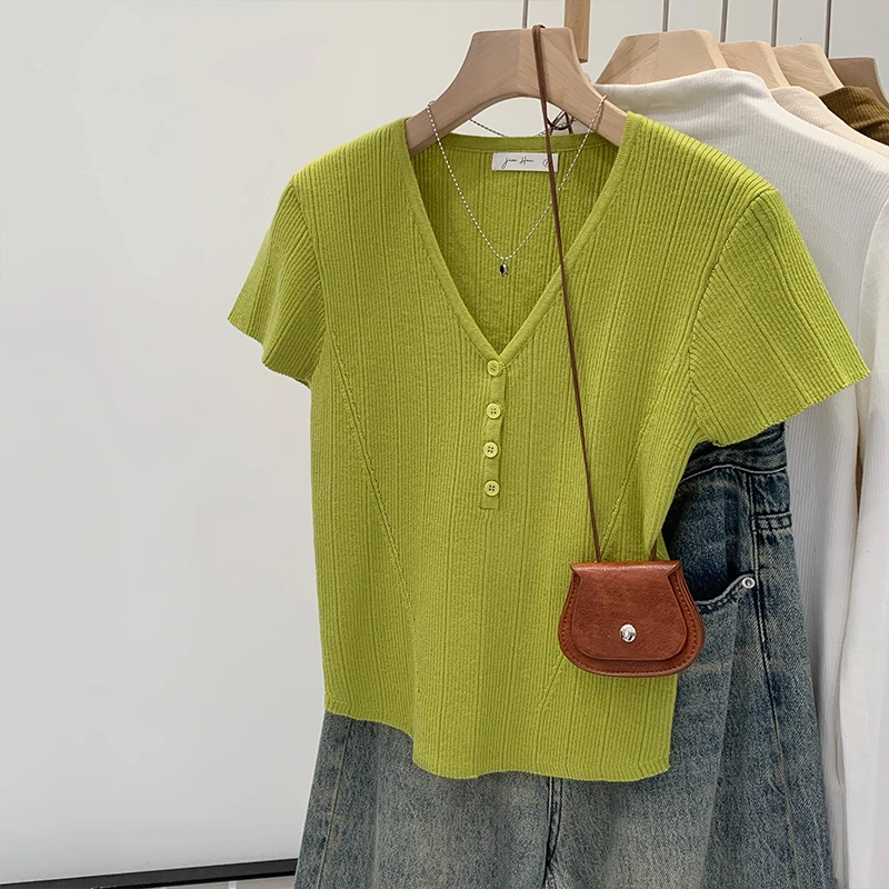 【Q】贝壳袖V领修身收腰显瘦针织衫2025春夏新款T恤上衣M1073