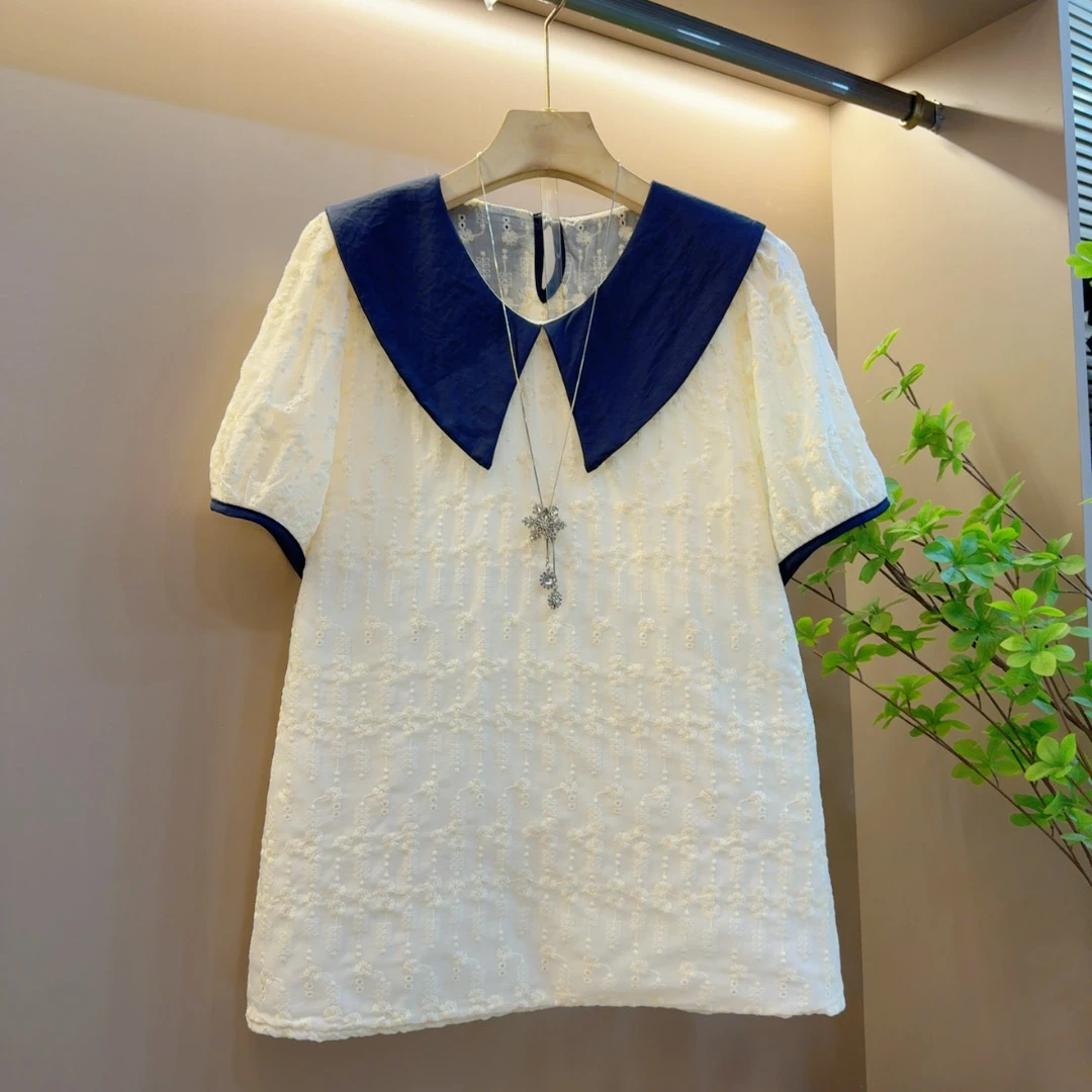 洋气百搭夏季新款气质设计感宽松泡泡袖翻领减龄上衣（长67左右）